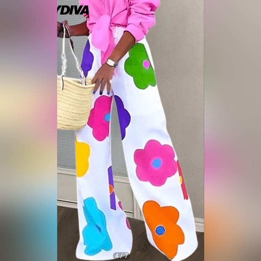 SHEIN White Wide Leg Pants with Bright Floral Print